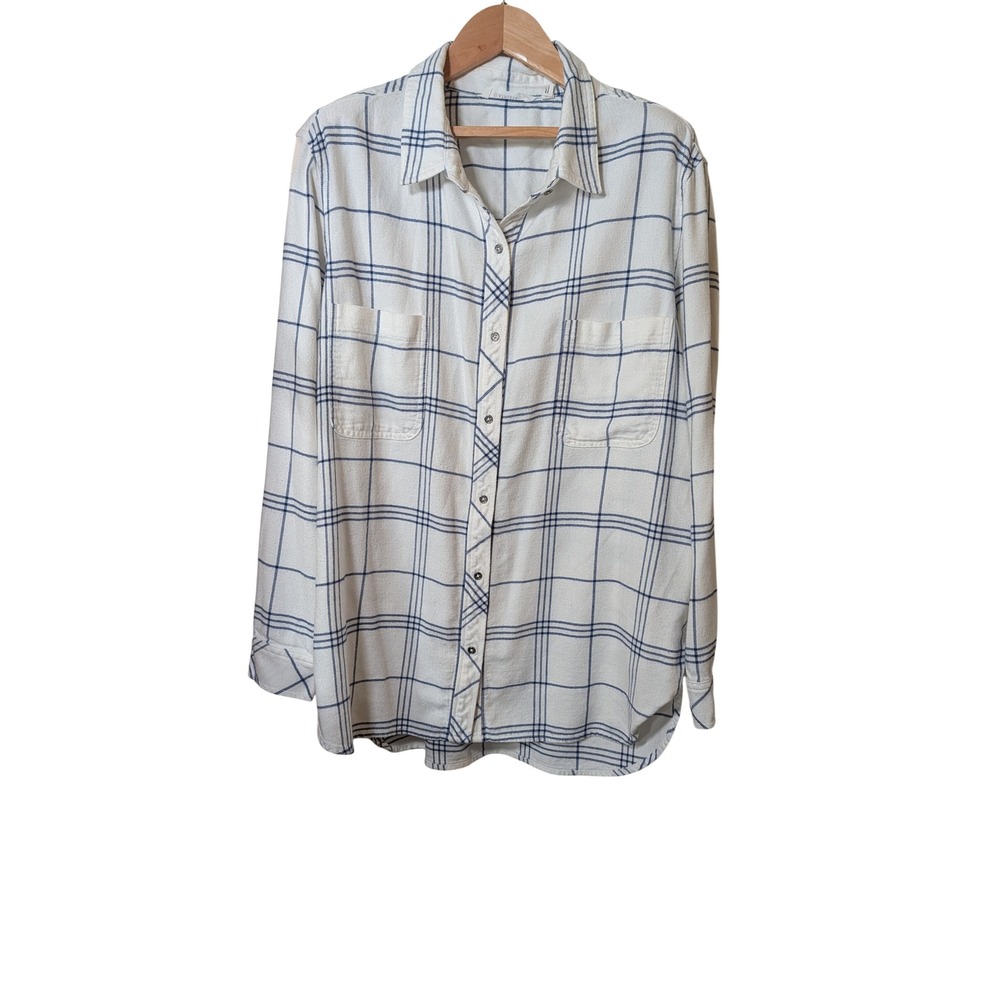 Athleta Womens White Blue Plaid Button Down Shirt Cotton Blend Size XL